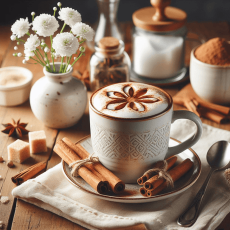 cinnamon vanilla late in a ceramic mug on a plate with cinnamon sticks