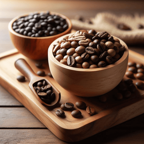 a bowl of dark roasted coffee beans next to a bowl of light and medium roasted coffee beans